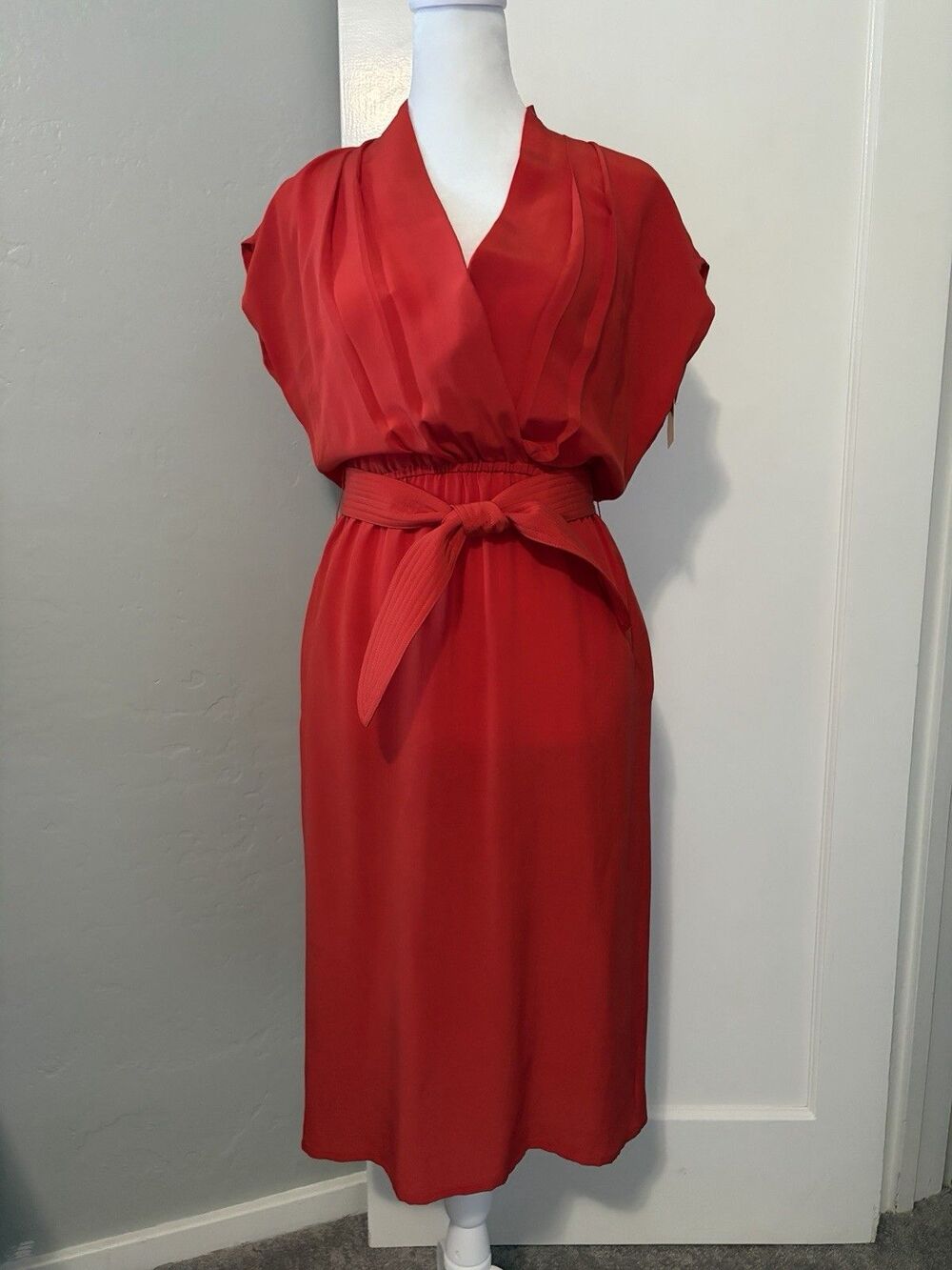 Vintage 80s Daniel Hechter Paris Red 100% Silk Belted Midi Dress Size 4 READ